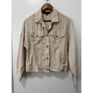 Women's Oatmeal Striped Oversized Cabincore Granola Cotton Crop Button Down Sz S